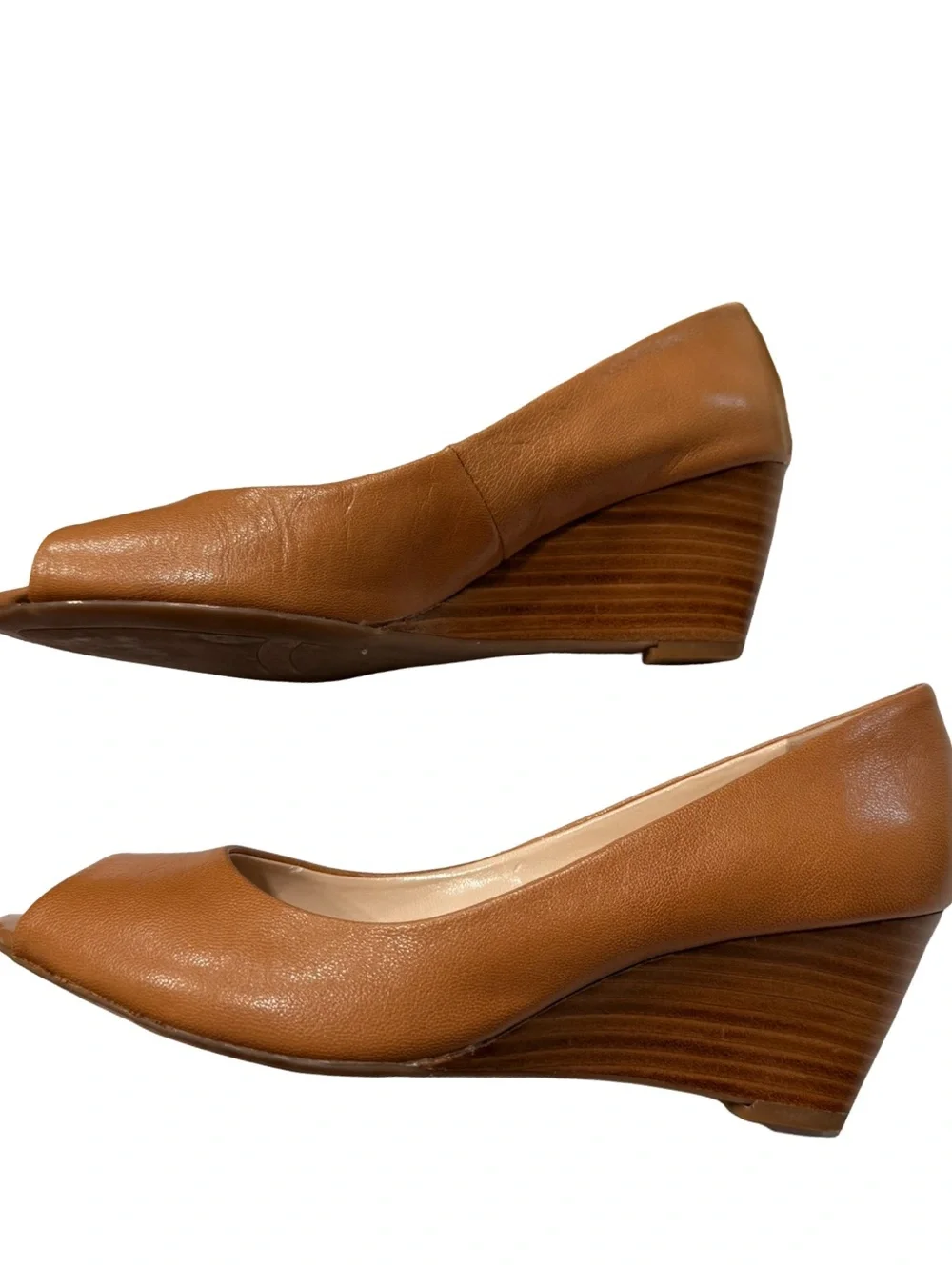 Franco Sarto Voyage Natural Leather Peep Toe Wedge Pumps Size 7.5M